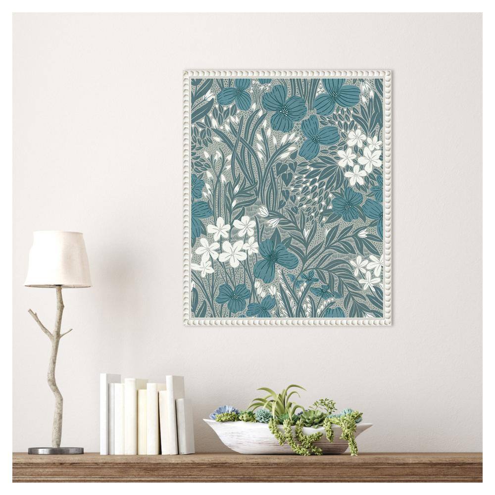 Teal and White Floral Botanical Canvas Wall Art with White Frame, 16x20