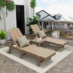 Shoreside 3-Piece Modern HDPE Fade Resistant Reclining Chaise Lounges With Wheels and Side Table in Weathered Wood