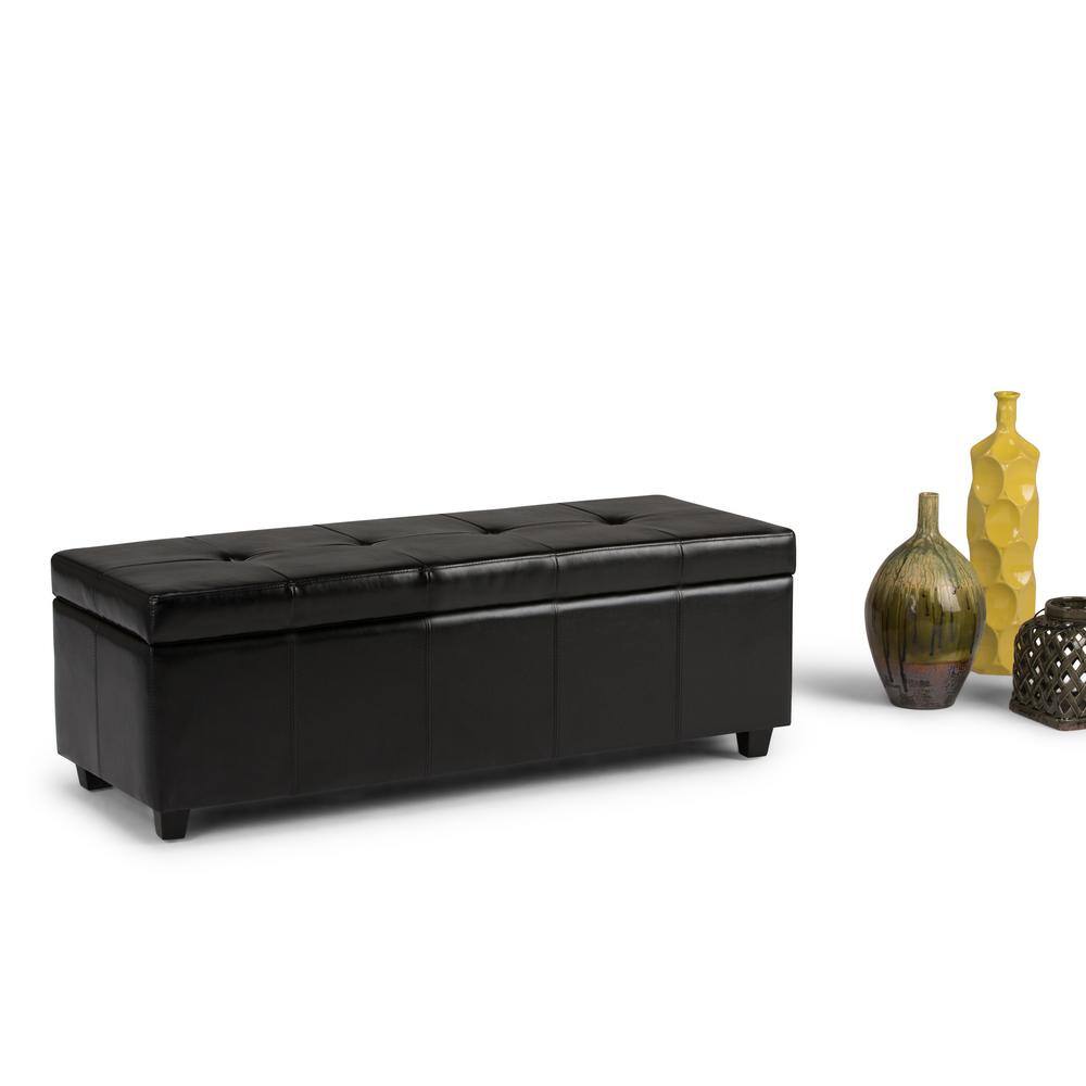 Midnight Black Bonded Leather Tufted Storage Ottoman Bench