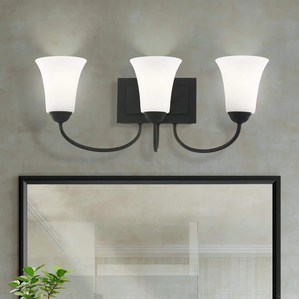 Elegant Ridgedale Black 3-Light Vanity with Satin Opal White Glass