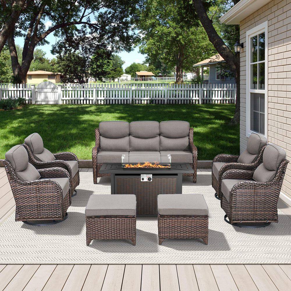Arcadia Brown 8-Piece Wicker Outdoor Patio Fire Pit Deep Seating Set with 6-Inch Thick Gray Cushions price history on PriceWatchPro