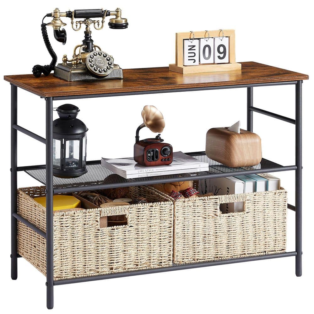 VECELO 32.4" Industrial 3-Tier Console Table with 2 Straw Storage Baskets, Sofa Table with Mesh Shelf for Living Room, Stable Metal Frame for Living Room, Brown