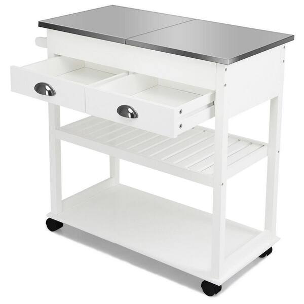Costway Rolling Kitchen Island Trolley Cart Stainless Steel Flip Tabletop w/Drawer White KC40581
