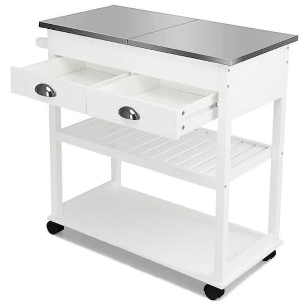 Costway Rolling Kitchen Island Trolley Cart Stainless Steel Flip Tabletop w/Drawer White