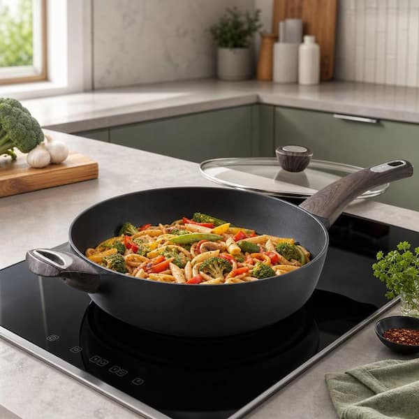 Numhew 1-Piece 12 in. 5 qt. Black Aluminum Non-Stick Fry Pan with