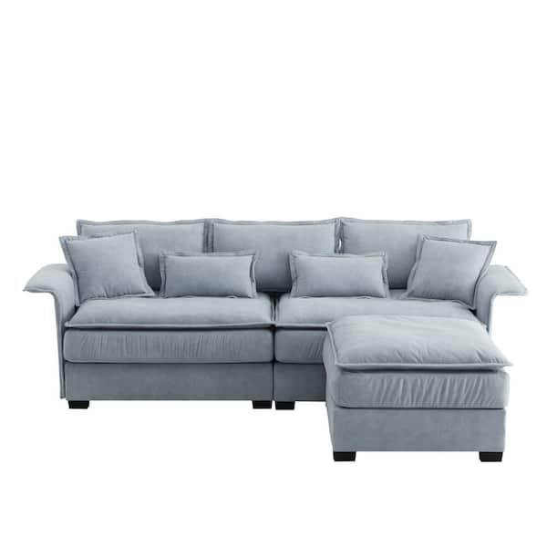 95 in Wide Rolled Arm Fabric L-Shaped Modern Double Cushions Sofa in Blue