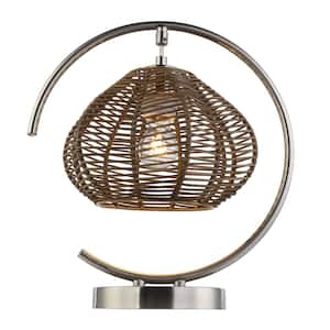 Caine 13.75 in. Brushed Nickel-Colored Table Lamp with Round Tan Rattan Shade