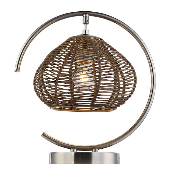 River of Goods Caine 13.75 in. Brushed Nickel-Colored Table Lamp with Round Tan Rattan Shade