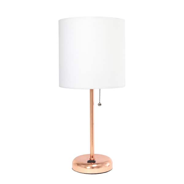 Simple Designs 19.5 in. Rose Gold and White Stick Lamp with Charging Outlet and Fabric Shade