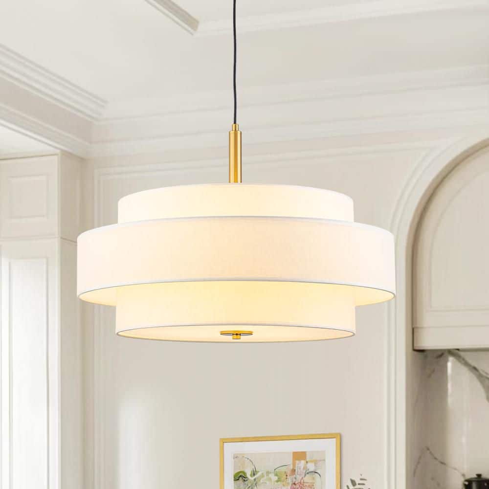 Haven 3-Light 23.6 in. Modern Brushed Gold Tiered Drum Pendant Light with Linen Fabric Shade price history on PriceWatchPro