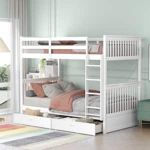 White Twin Over Twin Bunk Bed with Ladders and Two Storage Drawers