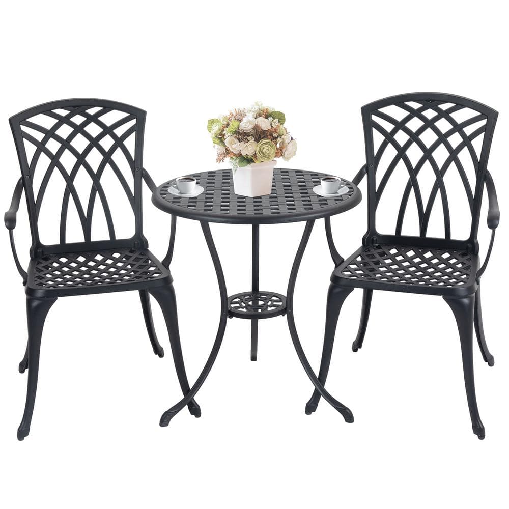 Black 3-Piece Aluminum Outdoor Bistro Set, Patio Bistro Table and ...