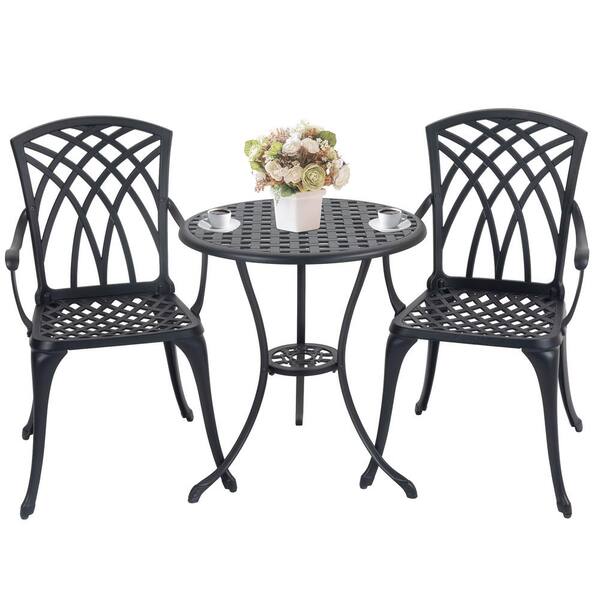 Unbranded Black 3-Piece Aluminum Outdoor Bistro Set, Patio Bistro Table and Chairs Set with Umbrella Hole For Backyard, Balcony