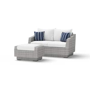 Cannes Wicker Outdoor Loveseat with Ottoman with Sunbrella Centered Ink Cushions