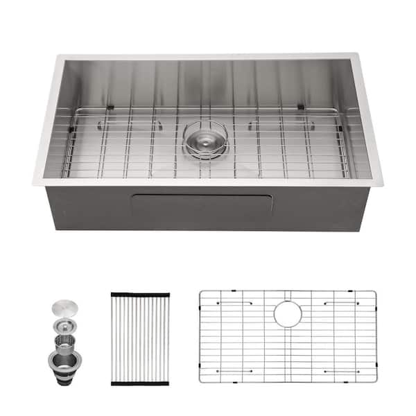 Logmey 32 in. Undermount Single Bowl 18-Gauge Stainless Steel Kitchen Sink with Bottom Grids