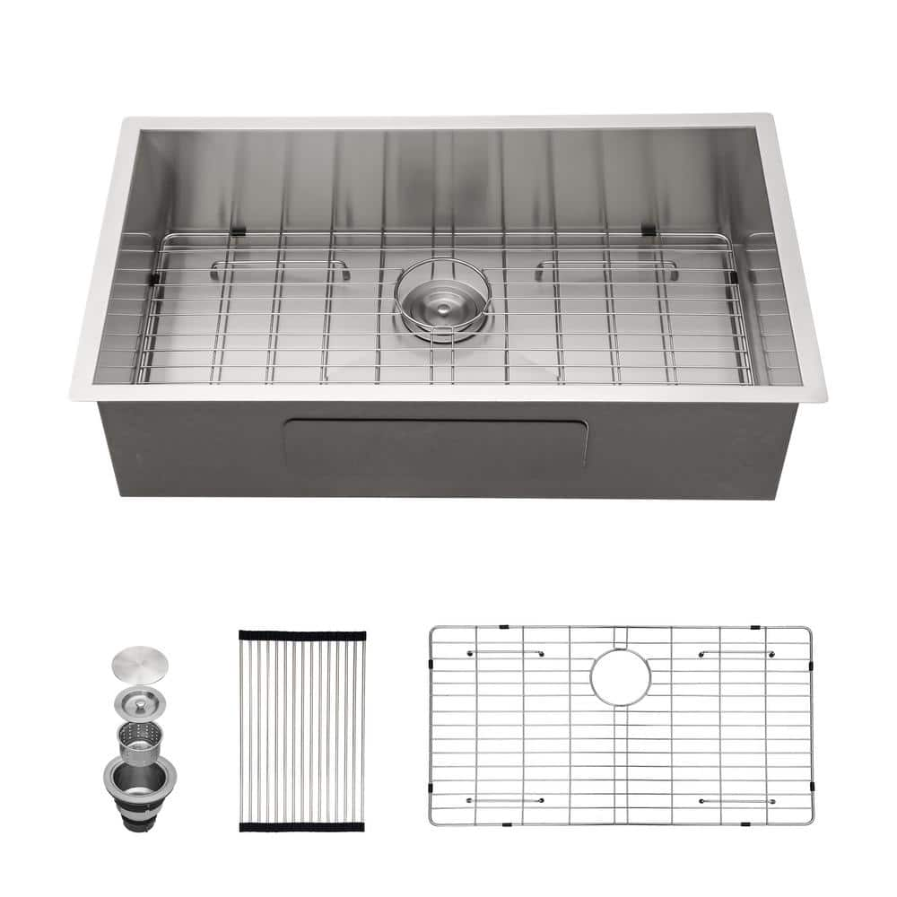 33 in. Undermount Single Bowl 18 Gauge Stainless Steel Kitchen Sink with Bottom Grids -  Logmey, U33-SC