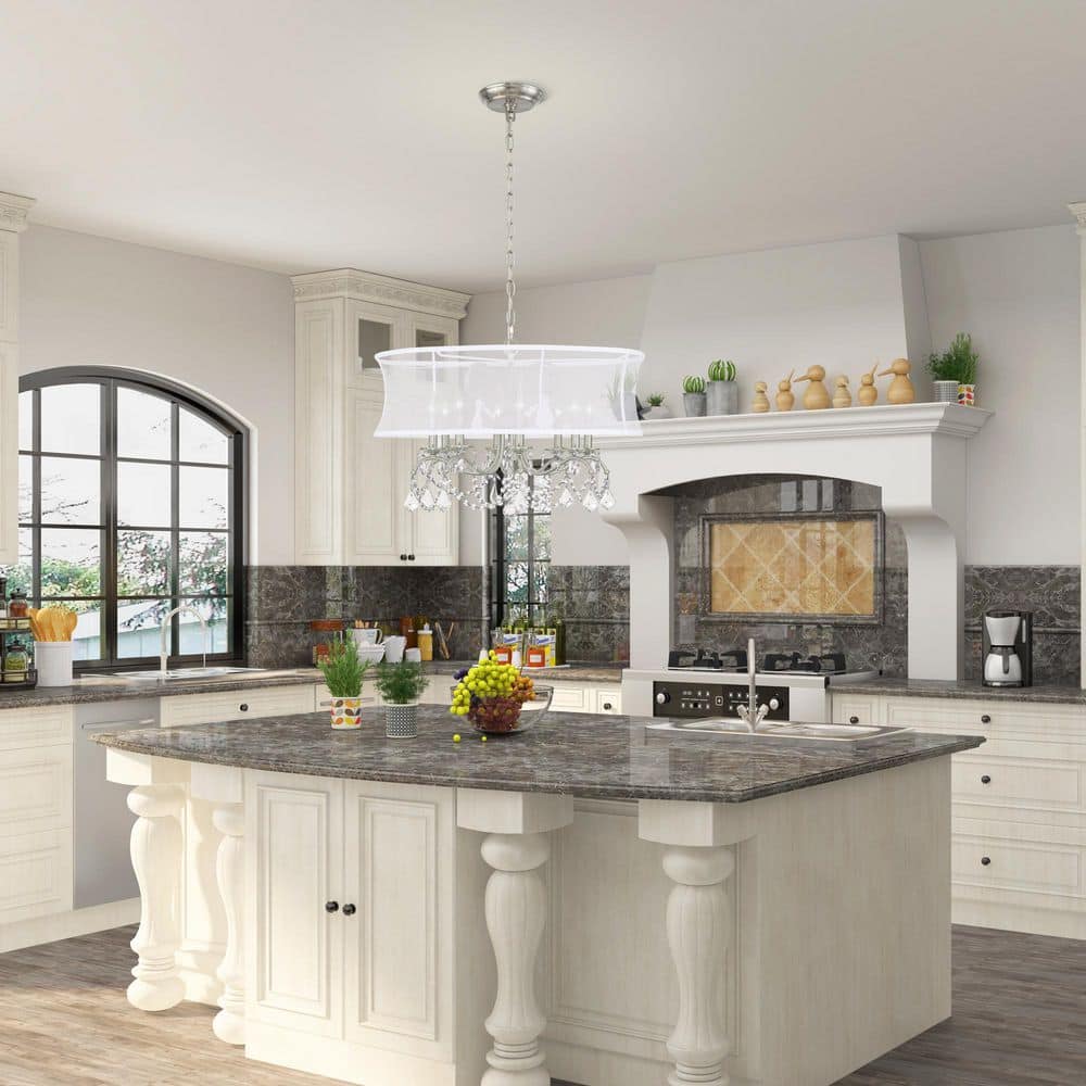 Brushed Nickel and Crystal 8-Light Chandelier with Silk Shade