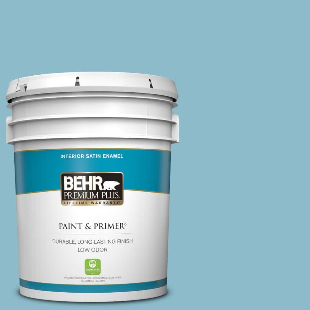 Behr Premium Plus 5 Gal S460 3 Blue Echo Satin Enamel Low Odor Interior Paint Primer The Home Depot