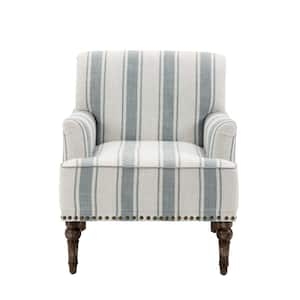 Modern Blue Striped Linen Fabric Upholstered Accent Armchair With Wooden Legs (Set of 1)