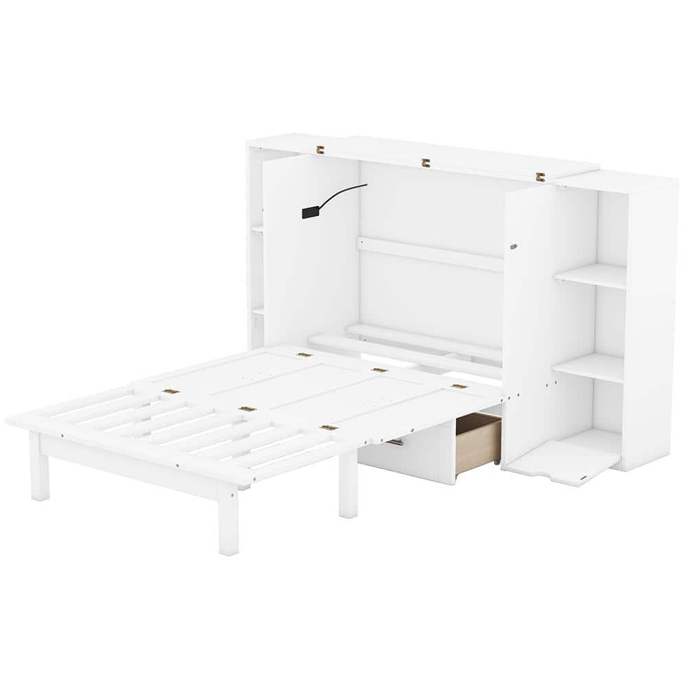 Nestfair White Wood Frame Queen Size Murphy Bed With Shelves Drawers