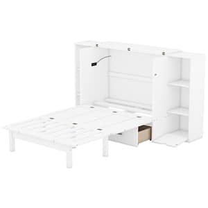 White Wood Frame Queen Size Murphy Bed with Shelves, Drawers and USB Ports