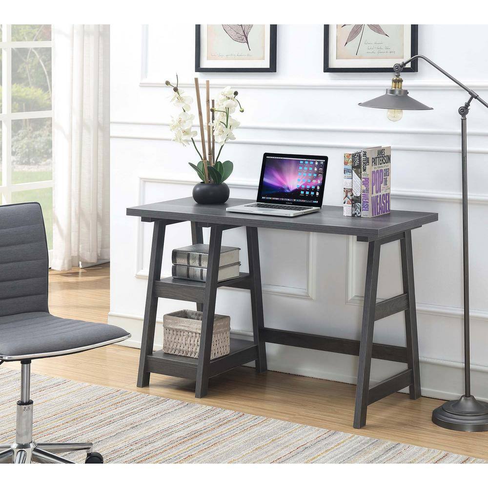 Charcoal Gray 47" Wood Trestle Desk with Shelves