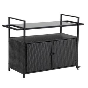 Outdoor Wicker Bar Serving Cart with Glass Top and Wheels, Black
