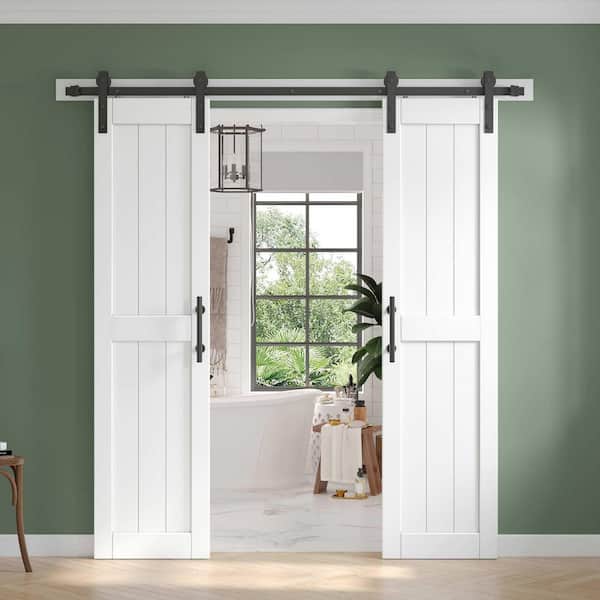 42 in. x 84 in. (Double 21 in.) White Paneled H Shape Solid MDF Sliding Barn Door with Hardware Kit