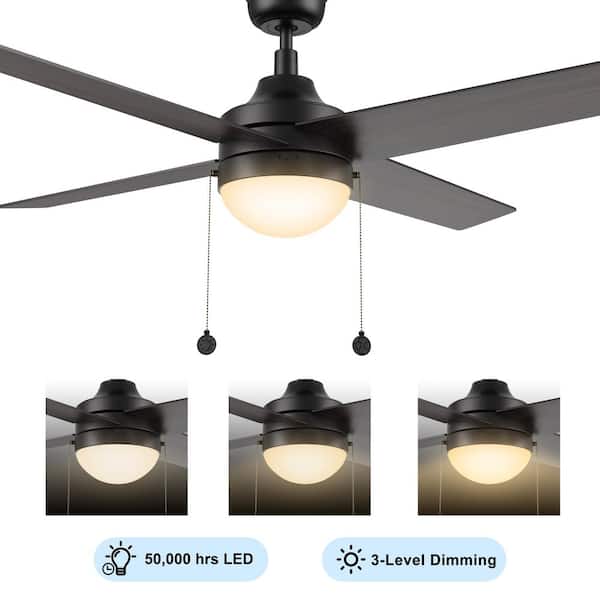Visalia 52 in. Indoor Matte Black Downrod Standard 3-Speed DC Ceiling Fan with Dimmable LED and Pull Chain