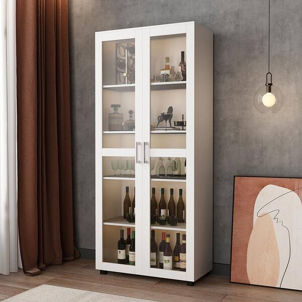 FUFU&GAGA White Wood Wine Cabinet Bar Kitchen Food Pantry with 2-Door Cabinet, 5-Tier Shelves