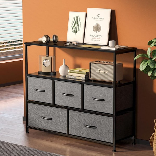 Gray 5-Drawer 38 in. W Fabric Storage TV Dresser Wooden Top Without Mirror for Living Room, Closet, Entryway, Nursery
