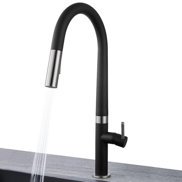 AKDY Easy-Install Single-Handle Deck Mount Gooseneck Pull-Down Sprayer Kitchen Faucet in Matte Black/Brushed Nickel