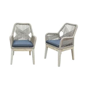 Santino Patio Teak Wood and Rope Outdoor Dining Chair with Sunbrella Grey Cushions (Set Of 2)