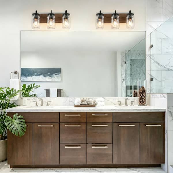 Farmhouse Bathroom Vanity Light 3-Light Black Powder Room Wall Sconce with Brown Faux Wood Accent Clear Mason Jar Shades