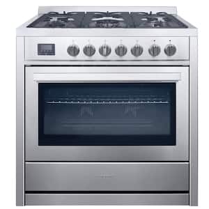 36 in. 3.8 cu. ft. 5-Burners Dual Fuel Gas Range in Stainless Steel with True European Convection Oven