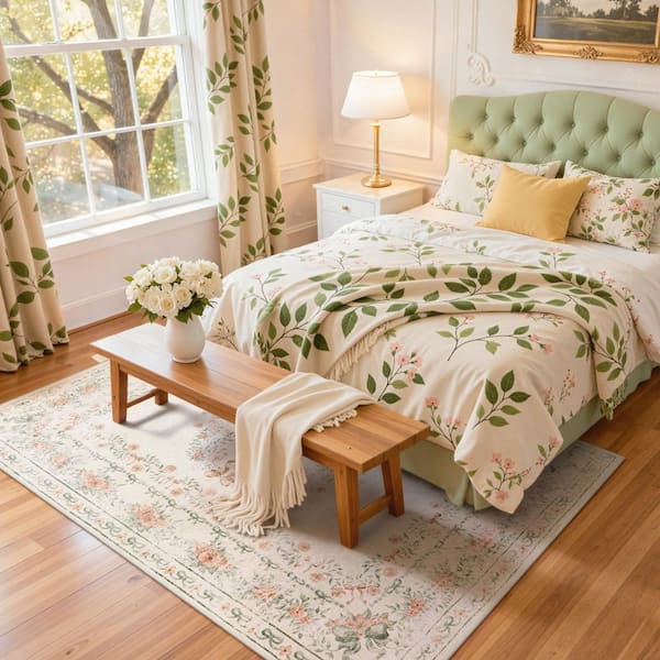 Boho Vintage Floral Plant Washable Beige Stain Resistant Non Slip Backing 5 ft. x 7 ft. Area Rug