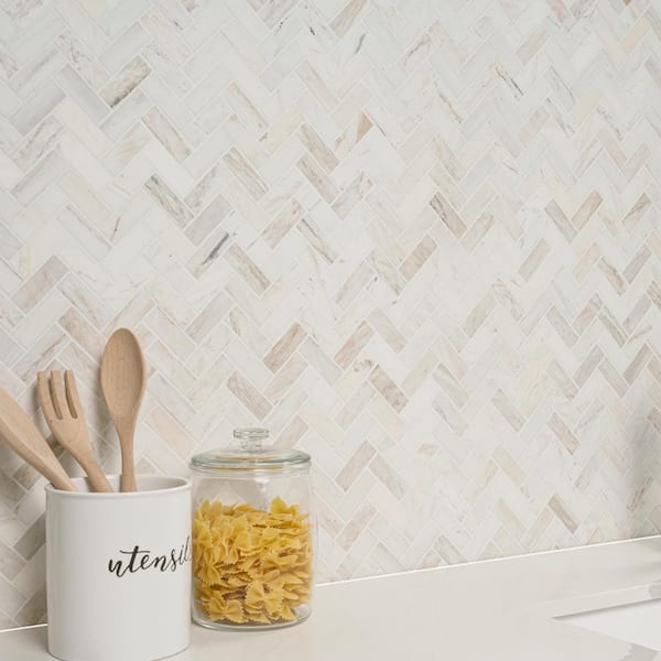 MSI - Angora Herringbone 12 in. x 14 in. x 0.38 in. Polished Marble Mesh-Mounted Mosaic Tile (1 sq.ft./Each)