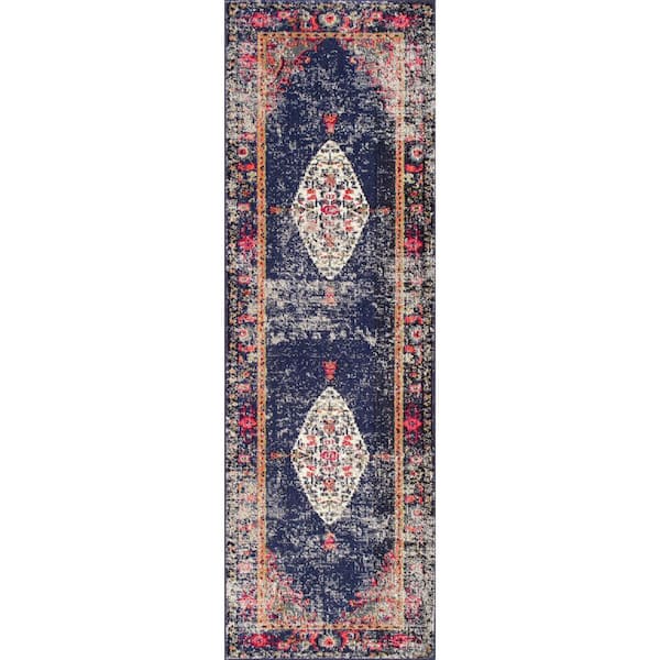 nuLOOM Vintage Medallion Veronica Navy 2 ft. 6 in. x 14 ft. Runner Rug