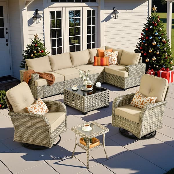 HOOOWOOO Merritt 9-Piece Wicker Outdoor Furniture Patio Conversation Sofa Sectional Set with Swivel Chairs and Beige Cushions