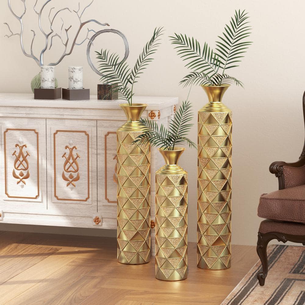 Modern Gorgeous Gold Floor Metal Vases Decorative Set of 3 with 3D Triangle