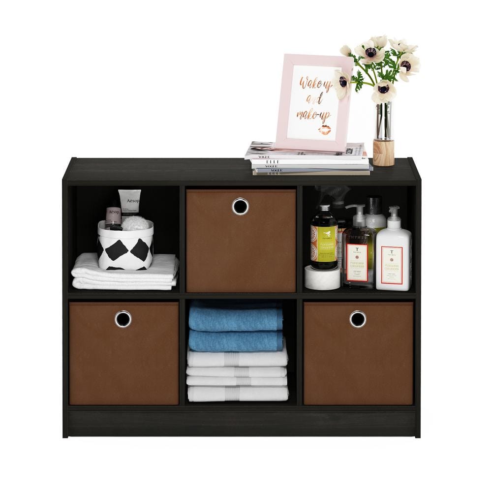 Espresso Brown Wood 34" Bookcase Storage with Bins