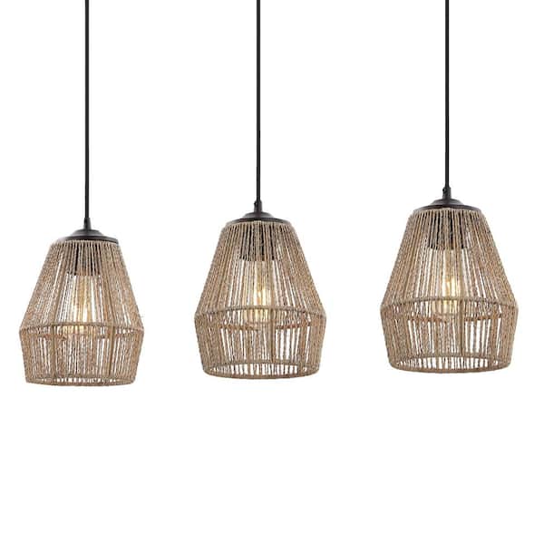 Ibiza 40-Watt 3-Light Oil Rubbed Bronze Bohemian Pendant Light with Seagrass Shade and LED Bulbs Included