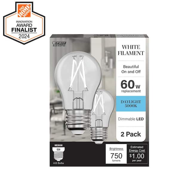 Feit Electric 60-Watt Equivalent A15 Dimmable White Filament CEC Clear Glass E26 LED Ceiling Fan Light Bulb, Daylight 5000K (2-Pack)