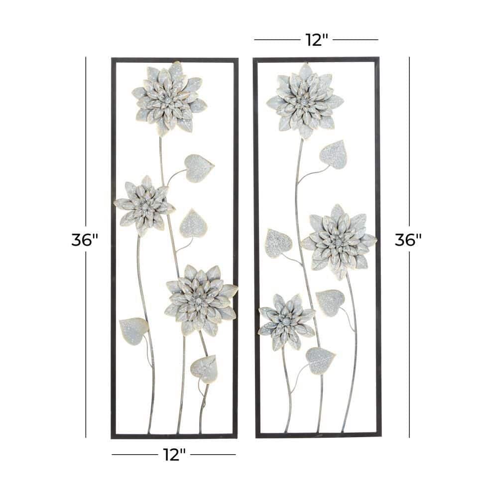 Gray Metal Floral Wall Sculpture with Black Frame, Set of 2
