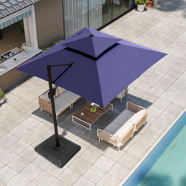 Pellebant 9.5 ft. Square Aluminium Outdoor 360° Rotation Offset Cantilever Patio Umbrella in Navy Blue and 240 lbs. Fillable Base