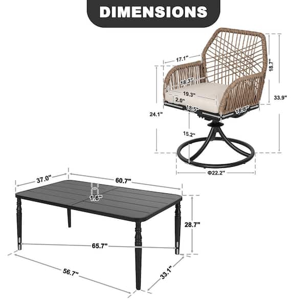 Black 7-Piece Twisted Rattan and Metal Rectangular Outdoor Dining Set with Beige Cushions, Swivel Chairs