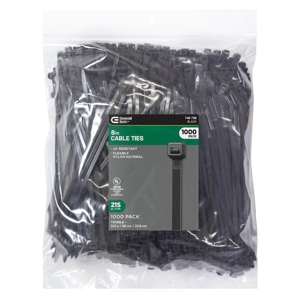 8in Standard 50lb Tensile Strength UL 21S Rated Cable Zip Ties 1000 Pack UV (Black)