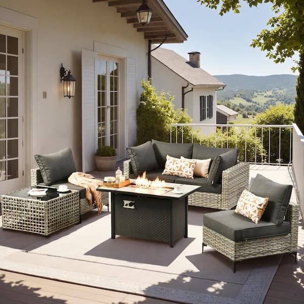 OVIOS Supery Gray 6-Piece Wicker Rectangle Fire Pit Patio Conversation Set with Black Cushions