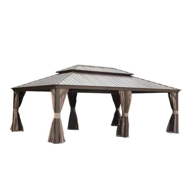 Outdoor 14 ft. x22 ft. Hardtop Metal Gazebo with Galvanized Steel Double Roof,Aluminum Frame,Gutter System,Curtain,Brown