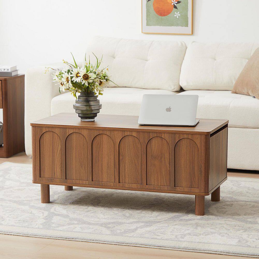 39.37 in. Walnut Rectangle MDF Coffee Table with Adjustable Height and Storage Space